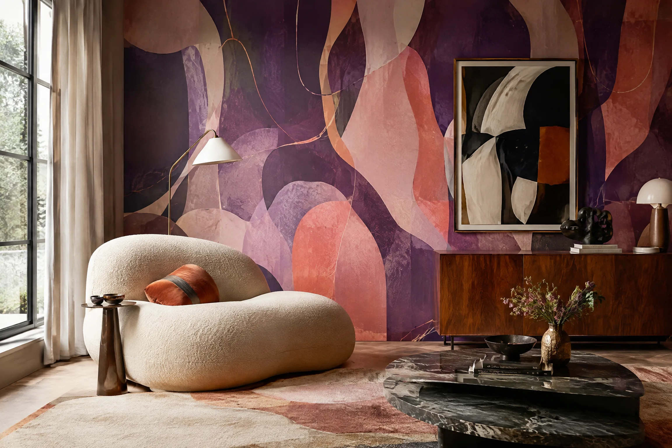 Creative living room feature wall with abstract wallpaper