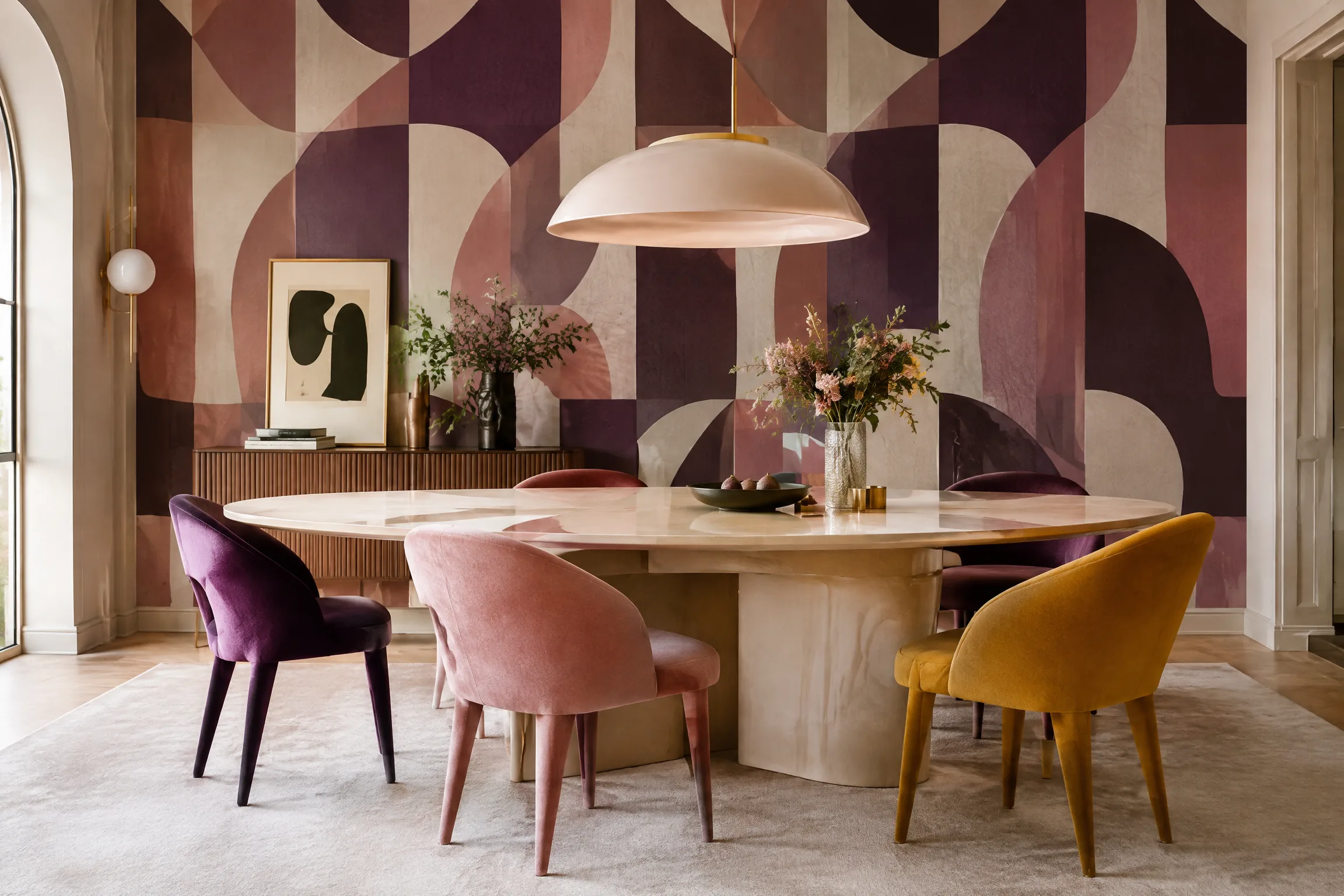 Expressive dining room wallpaper installation
