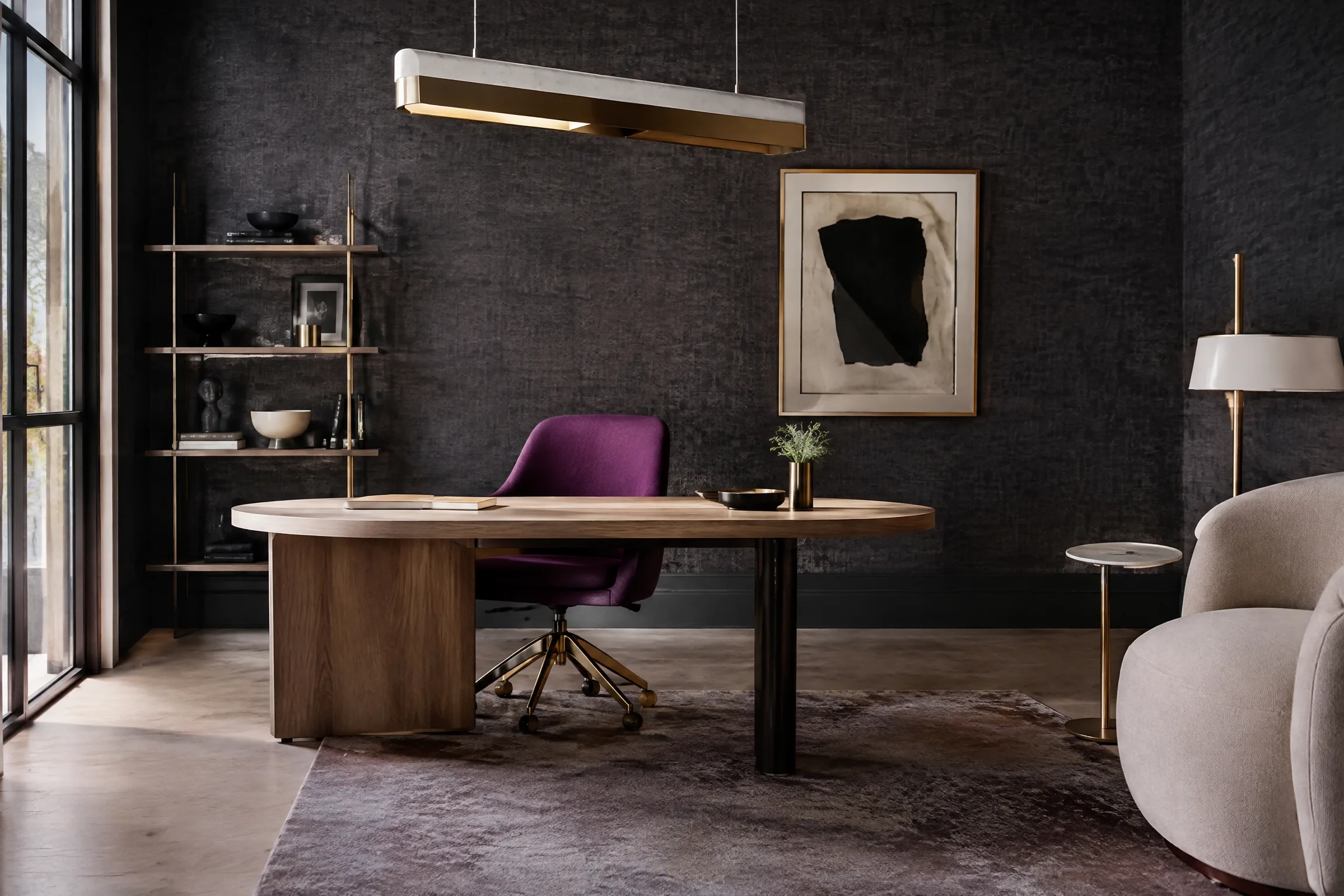 Stylish office interior with charcoal wallcovering