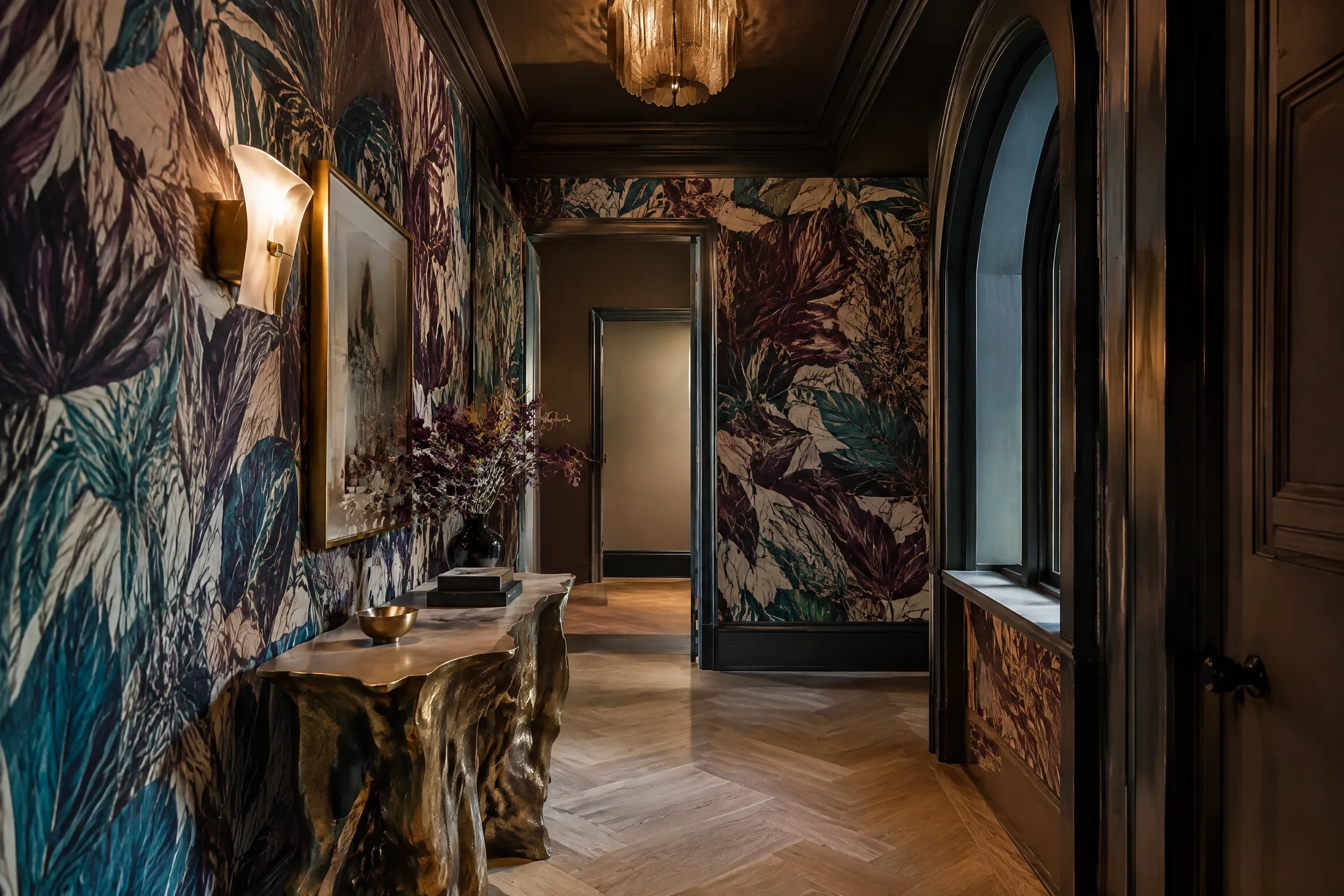 Dynamic hallway design with botanical wallpaper